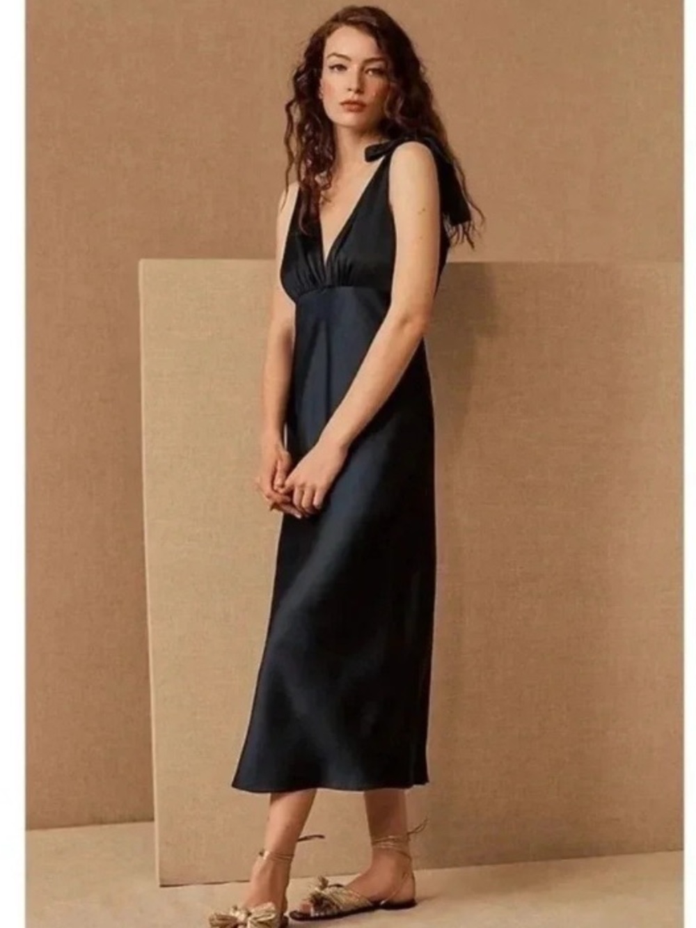 Sachin + Babi BHLDN Hudson Satin Navy Blue Tie Strap Midi Dress NEW SZ 10